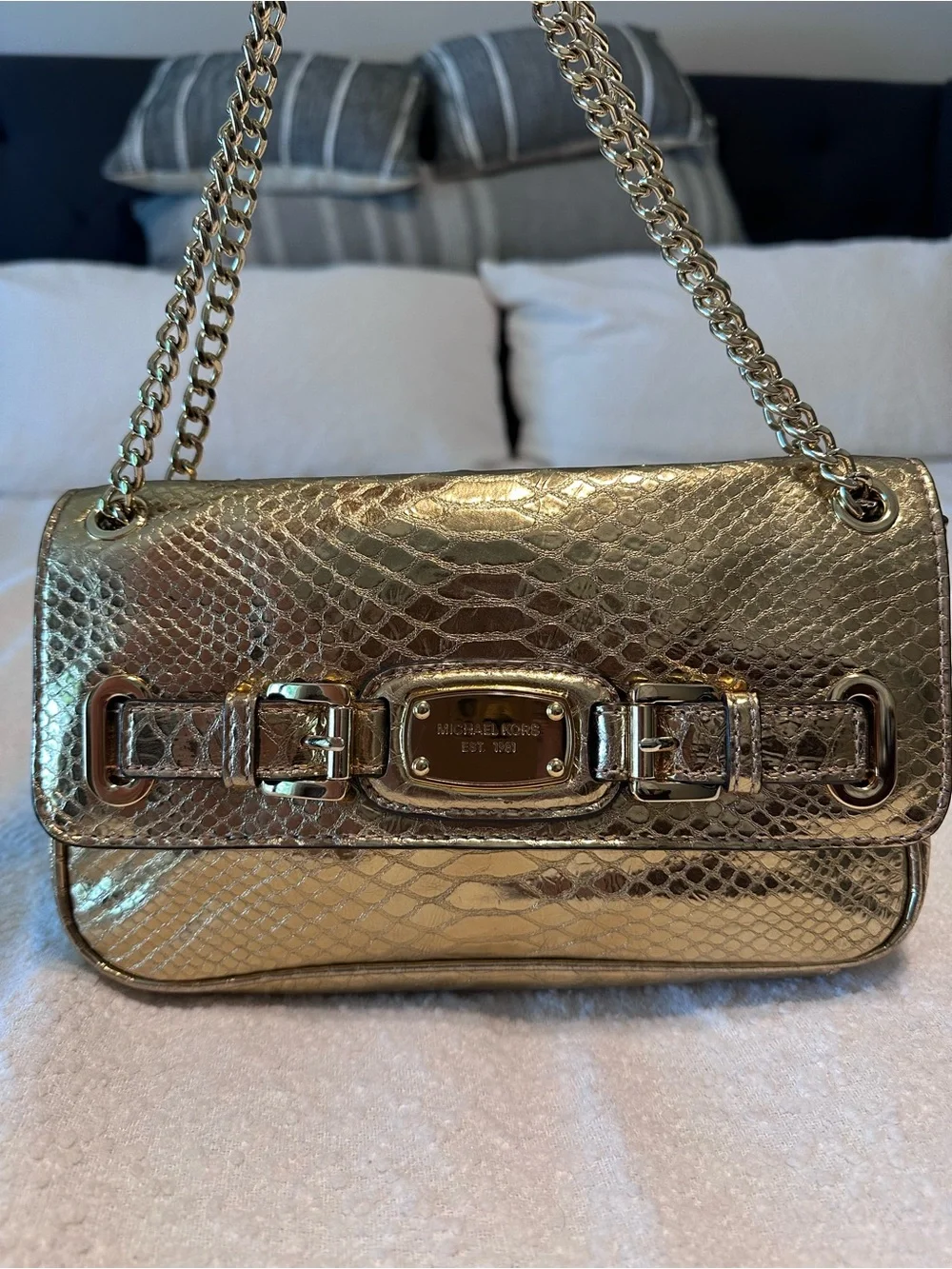 Michael Kors Gold Metallic Snakeskin-Embossed Shoulder Bag